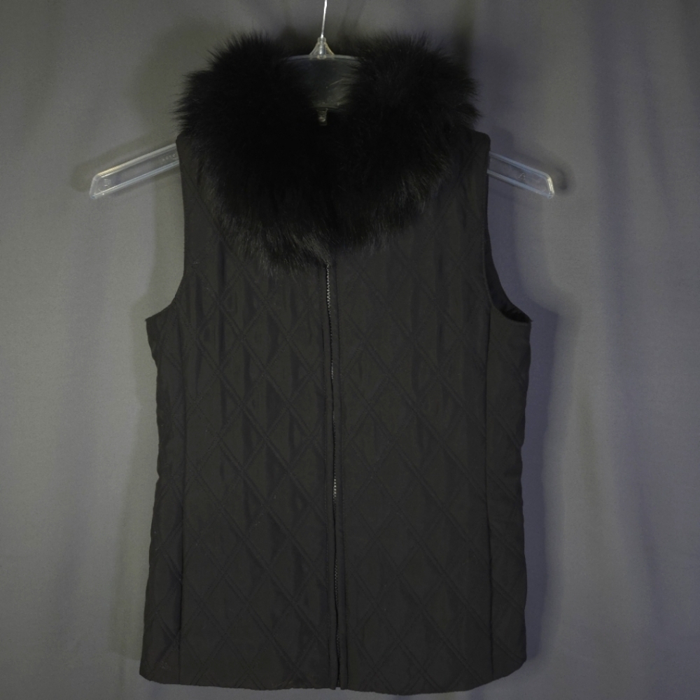 Quilted Vest Fox Fur‎ Collar Black Size Small Old Money Classy Goth